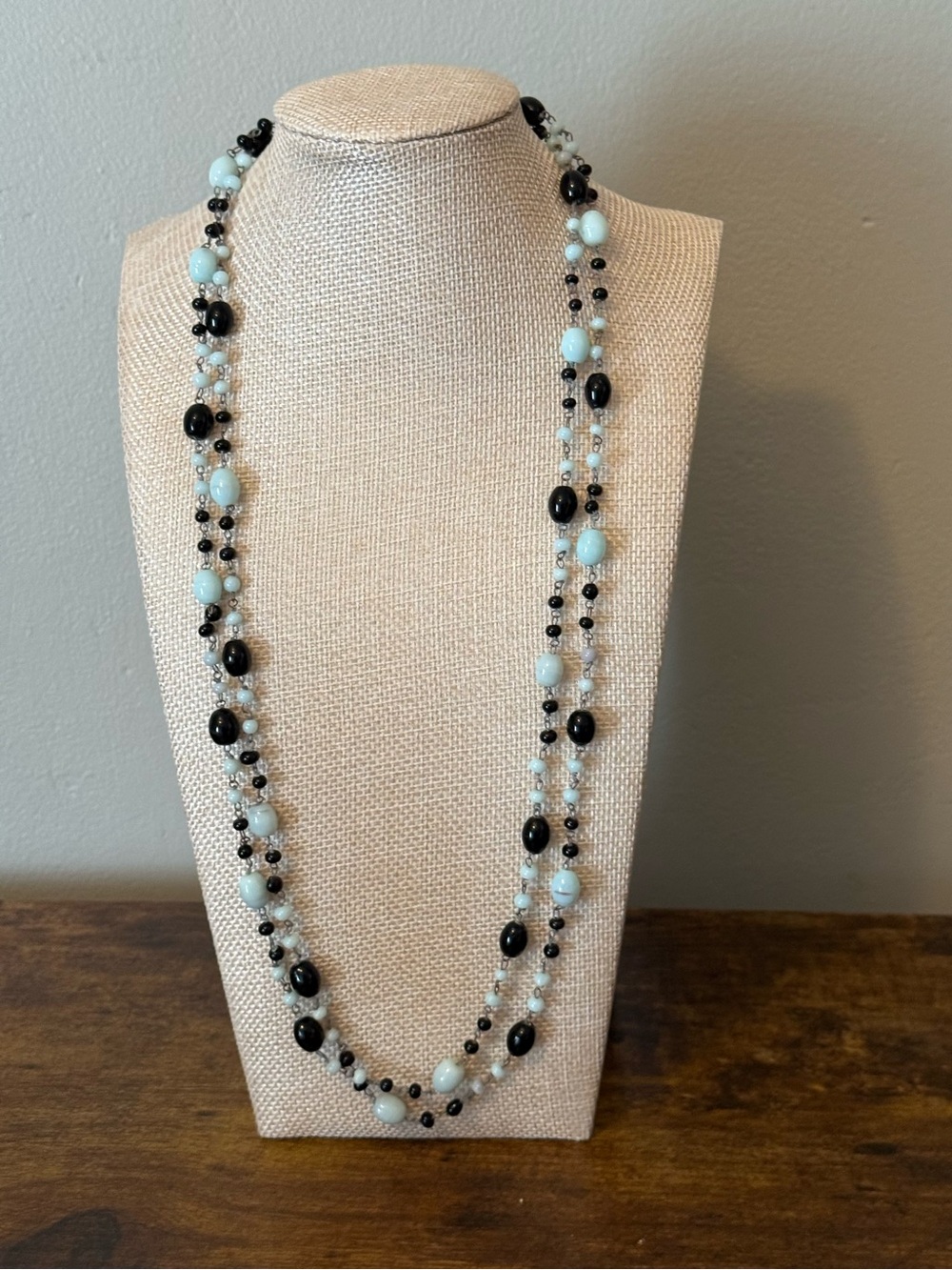 Vintage Venetian Murano Black White Beaded Long Necklace 26”